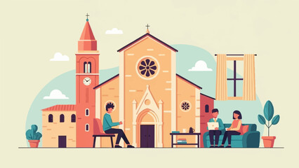 Fototapeta premium Minimalist scene with a church, tower, and people relaxing