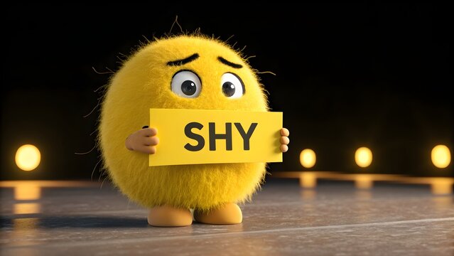 Cartoon character holding shy sign