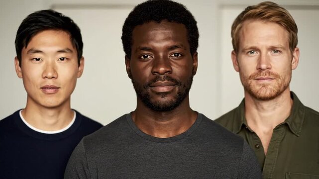 Portrait of Three Diverse Men Standing Together with Serious Expressions Representing Multicultural Inclusion and Global Unity