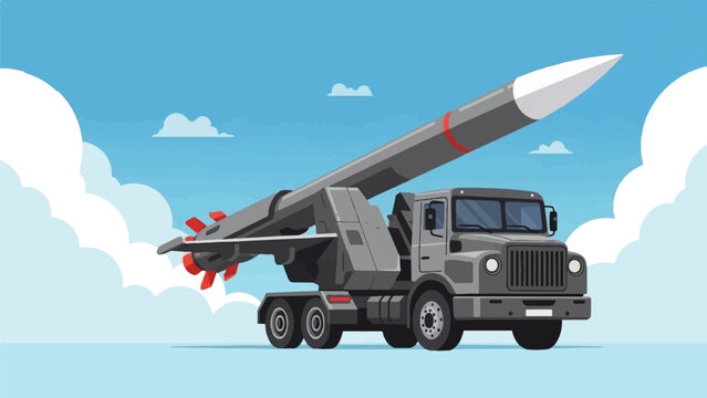 Mobile missile launcher under a cloudy blue sky