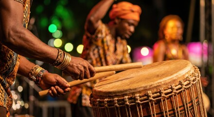 Drummer playing large traditional African djembe with two wooden sticks