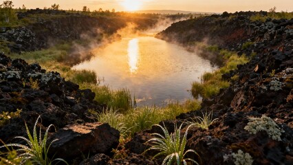 Sunrise over a serene volcanic crater lake surrounded by moss-covered rocks and steam rising from the water