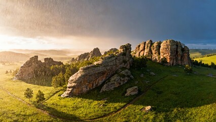 Sunset over rocky formations in a grassy landscape with dramatic clouds