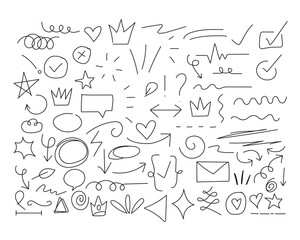 Obraz premium A collection of various hand drawn doodles and symbols such as hearts, stars, crowns on a white background