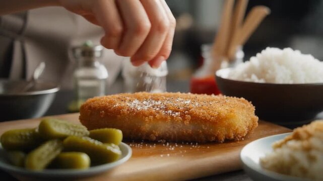 A hand seasoning a breaded chicken breast with salt on a wooden cutting board with pickles, rice, and utensils in the background
