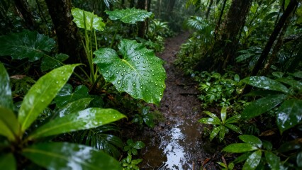 A rain-soaked forest path surrounded by lush green foliage and large leaves with water droplets