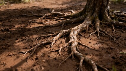 Exposed tree roots spreading across dry soil in a natural outdoor setting