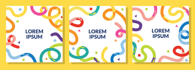 A set of colorful abstract square poster templates featuring playful curved shapes, bright geometric elements, and a clean white center layout, ideal for modern branding, social media posts.