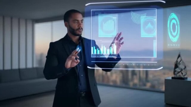 Businessman interacting with virtual screen, office background with cityscape, futuristic technology demonstration