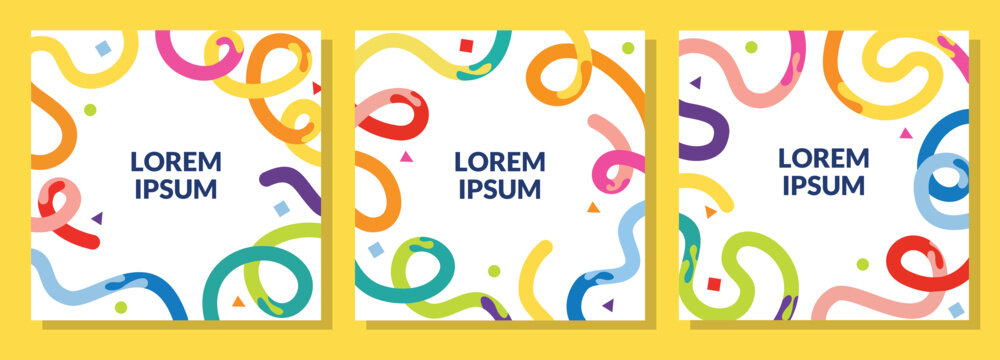 A set of colorful abstract square poster templates featuring playful curved shapes, bright geometric elements, and a clean white center layout, ideal for modern branding, social media posts.