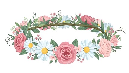 Fototapeta premium Floral wreath illustration with roses and daisies on white