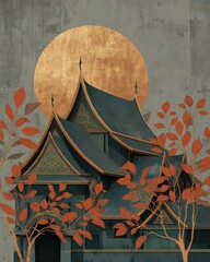 Serene Asian Temple Silhouette Against a Golden Moon Background