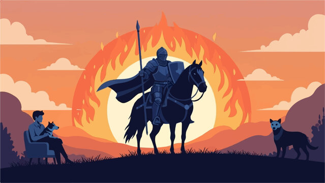 Knight on horseback with dogs and person at sunset, pixel art