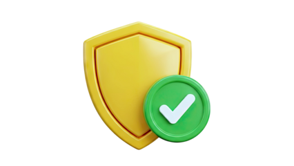 3D Rendered Yellow Shield with Green Checkmark Icon
