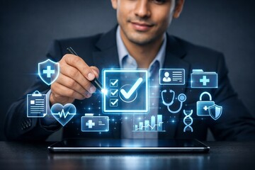 Businessman interacting with digital healthcare interface concept screen. Ai generative