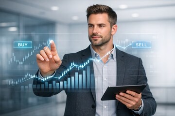 Businessman analyzing stock trading interface in modern office concept. Ai generative