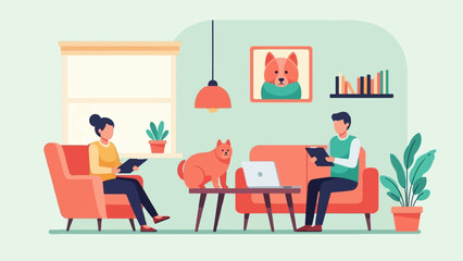 Naklejka na ściany i meble Minimalist interior scene of two people and pets relaxing indoors with plants