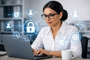Businesswoman working on laptop with cybersecurity concept overlay. Ai generative