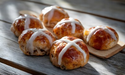 hot cross buns on rustic wooden table, fresh golden baked sweet buns with white icing cross