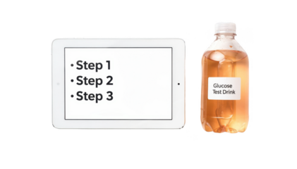 Tablet displaying stepbystep glucose testing instructions next to sample drink bottle isolated on white background for digital health education in gestational diabetes.