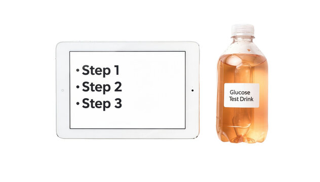 Tablet displaying stepbystep glucose testing instructions next to sample drink bottle isolated on white background for digital health education in gestational diabetes.