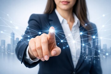Businesswoman touching digital network interface in city concept scene. Ai generative