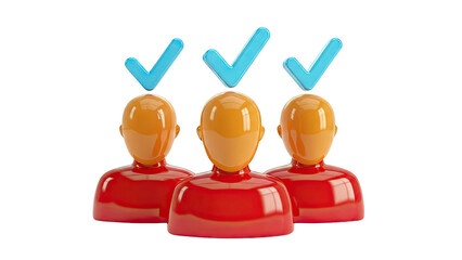 Three stylized figures with blue checkmarks above