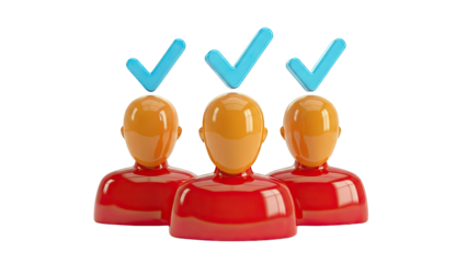 Three stylized figures with blue checkmarks above