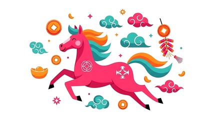 Fototapeta premium Pink horse graphic with clouds and decorative elements on white