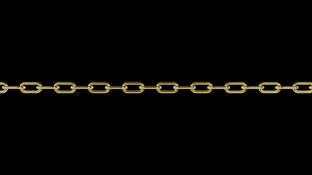 3D rendering of a long golden metal chain sliding horizontally in a continuous loop. Wide shot.