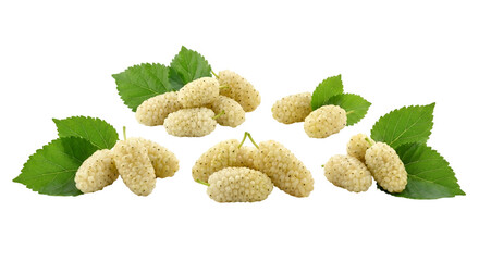Fresh White Mulberries with Green Leaves, beautifully arranged for a pristine studio shot, highlighting healthy sweet fruit, isolated on transparent background.