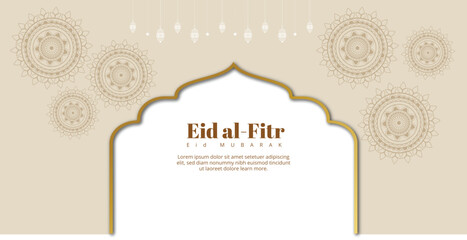 Eid al-Fitr Mubarak celebration with lanterns, crescent moon, and mosque silhouette
