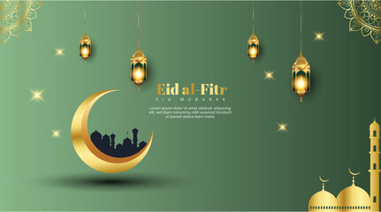 Eid al-Fitr Mubarak celebration with lanterns, crescent moon, and mosque silhouette
