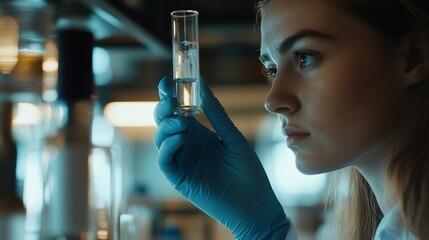 Scientist analyzing liquid sample in laboratory setting with focus.