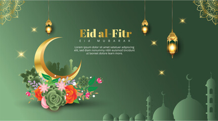 Eid al-Fitr Mubarak celebration with lanterns, crescent moon, and mosque silhouette
