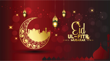 Eid al-Fitr Mubarak celebration with lanterns, crescent moon, and mosque silhouette
