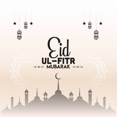 Eid al-Fitr Mubarak celebration with lanterns, crescent moon, and mosque silhouette
