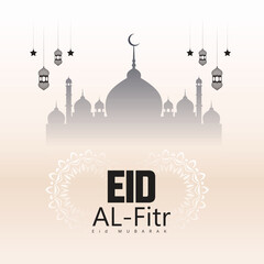 Eid al-Fitr Mubarak celebration with lanterns, crescent moon, and mosque silhouette
