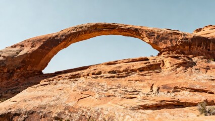 Natural sandstone arch formation in a desert landscape under clear blue sky