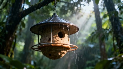 Bird feeder hanging in a forest during rainfall with sunlight filtering through trees