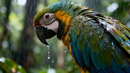 A colorful macaw with vibrant green, blue, and yellow feathers stands in the rain, water droplets falling from its beak and plumage.