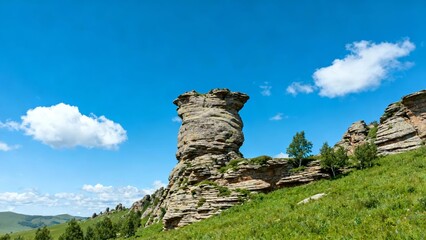 A striking rock formation rises from a grassy hillside under a clear blue sky with scattered clouds.
