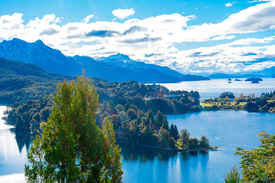 Beautiful landscape of Nahuel Huapi National Park and blue waters from a viewpoint in Bariloche.
