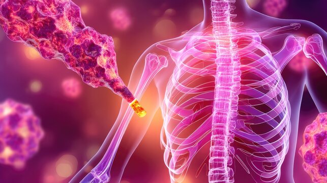 Visualization of human skeletal structure with focus on the arm, highlighting cellular activity and molecular interaction in a vibrant backdrop