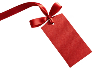 Red gift tag tied with ribbon isolated on transparent background