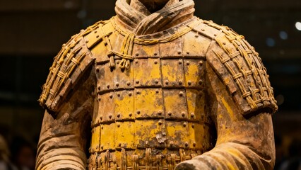 Close-up of a terracotta warrior armor with detailed bronze-like plating and weathered texture