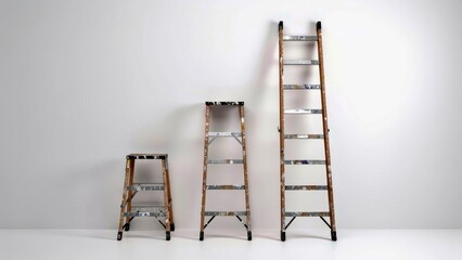 Three different height ladders of different heights with white paint on them from use against a plain wall in an indoor space showing progress and growth