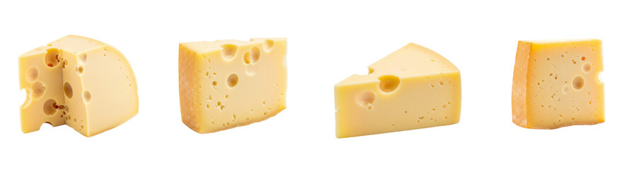 Fresh Swiss Cheese Wedges and Slices with Holes Isolated on PNG, transparent background