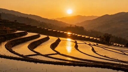Sunset over terraced rice fields with reflective water and mountainous backdrop