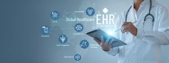 EHR, Electronic health record, Global healthcare, medical technology, Digital health, Doctors are recording patient data to share with all hospitals in the global network.